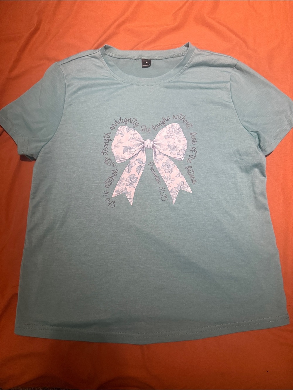 SHEIN Light Teal Short-Sleeve Tee with Floral Bow Graphic